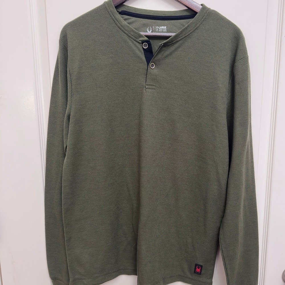 Spyder Thermal Henley Shirt Mens XL Olive Green Knit Long Sleeve Snowboard